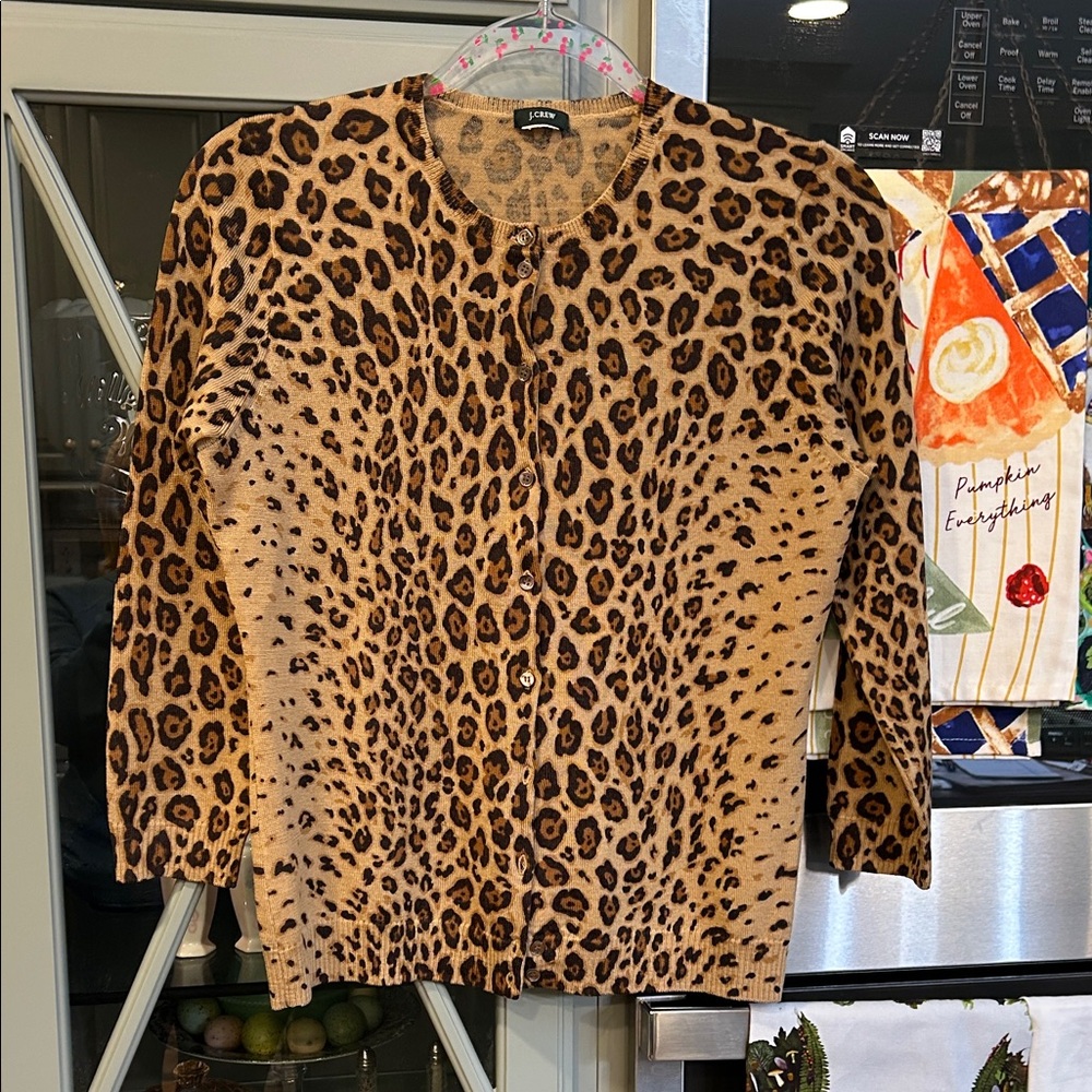 J. Crew Leopard Print Jackie Merino Wool Cardigan Sweater Size Small